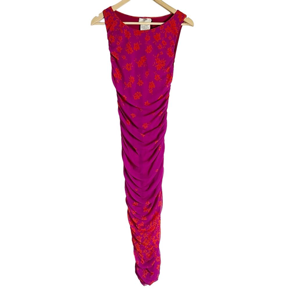 Fuzzi Azalea Red Pink Floral Print Ruched Sleeveless Maxi Dress Size Large